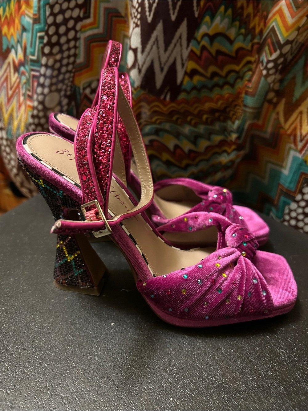 Betsey Johnson Pink Velvet Slingback Heels with Beaded Block Heel